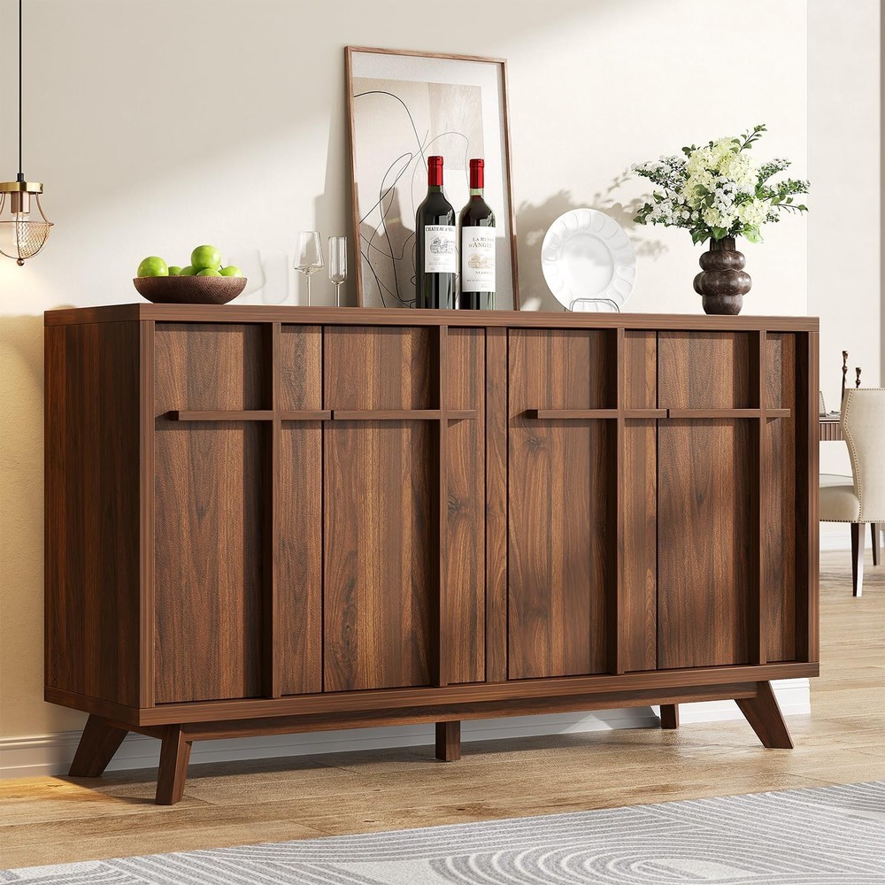 59" Walnut Sideboard Buffet Cabinet 4 Doors