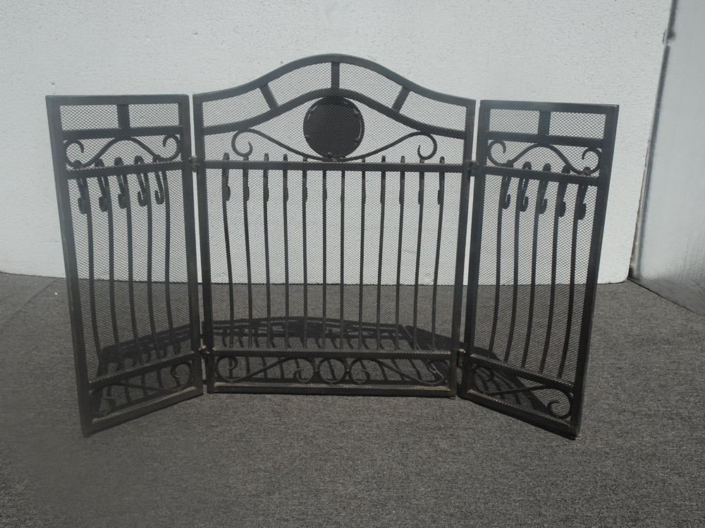 Vintage Spanish Style Black Iron Three Panel Fireplace Screen