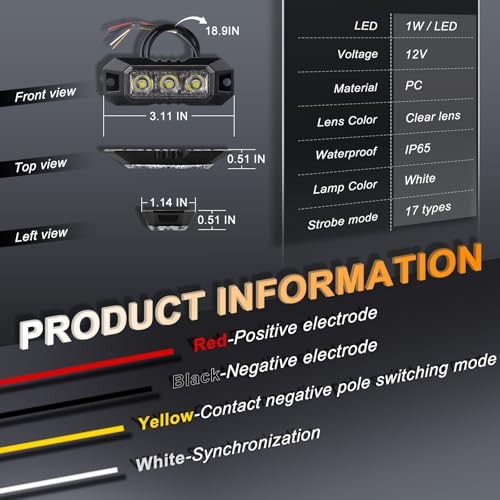 LED Strobe Lights for Trucks 3-LED Super Bright Surface Mount 3LED-4PCS White