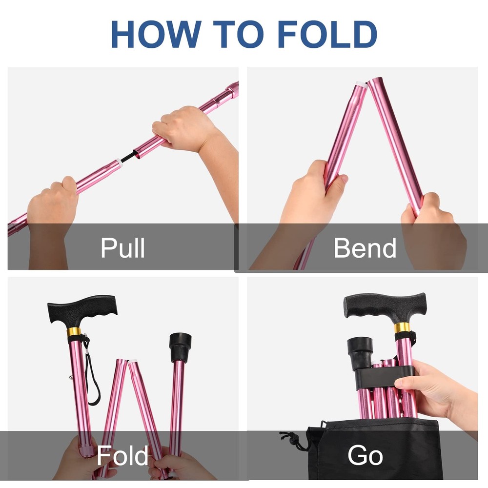 Foldable Walking Cane w/ 2 Replaceable Non Slip Rubber Tip Balancing Stick Aid