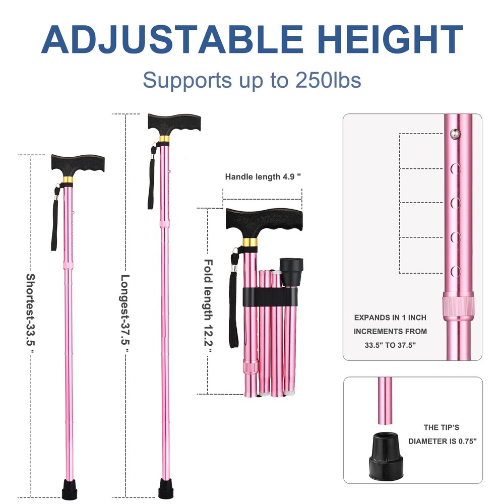 Foldable Walking Cane w/ 2 Replaceable Non Slip Rubber Tip Balancing Stick Aid