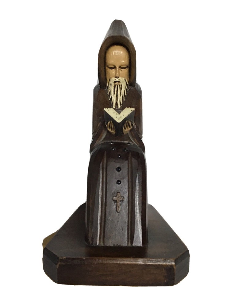 Vintage  Religious Bookend Carved Wood  Gothic Monk  (1) Reading Bible ,Rosary