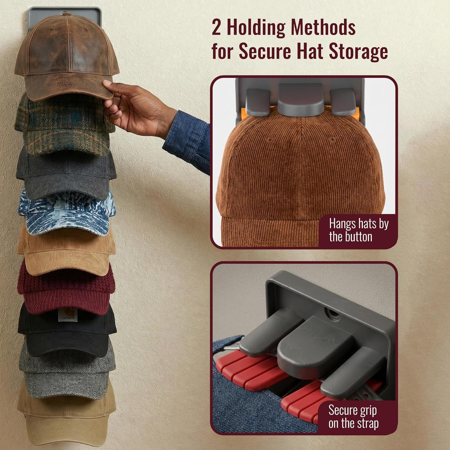 Hat Organizer for Baseball Caps - 2 Pack Hat Rack Hanger for Wall Door Closet