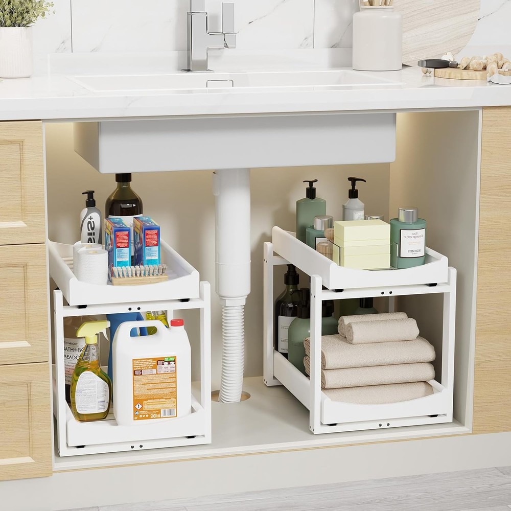Bamboo Under Sink Organizer Adjustable Height 2 Tier Bathroom Organizer Pull Out