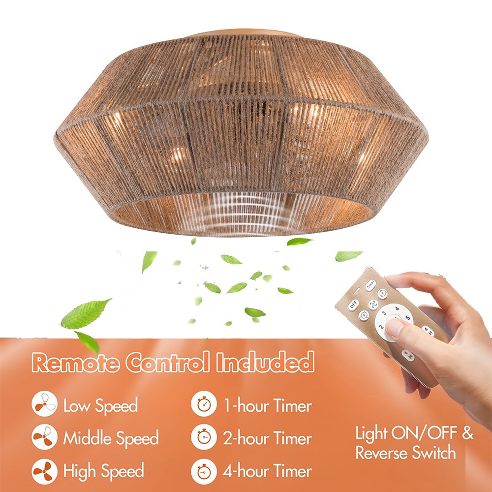 Rattan Caged Flush Mount Fan Light +Remote Control Ceiling Fan Boho Ceiling Fan