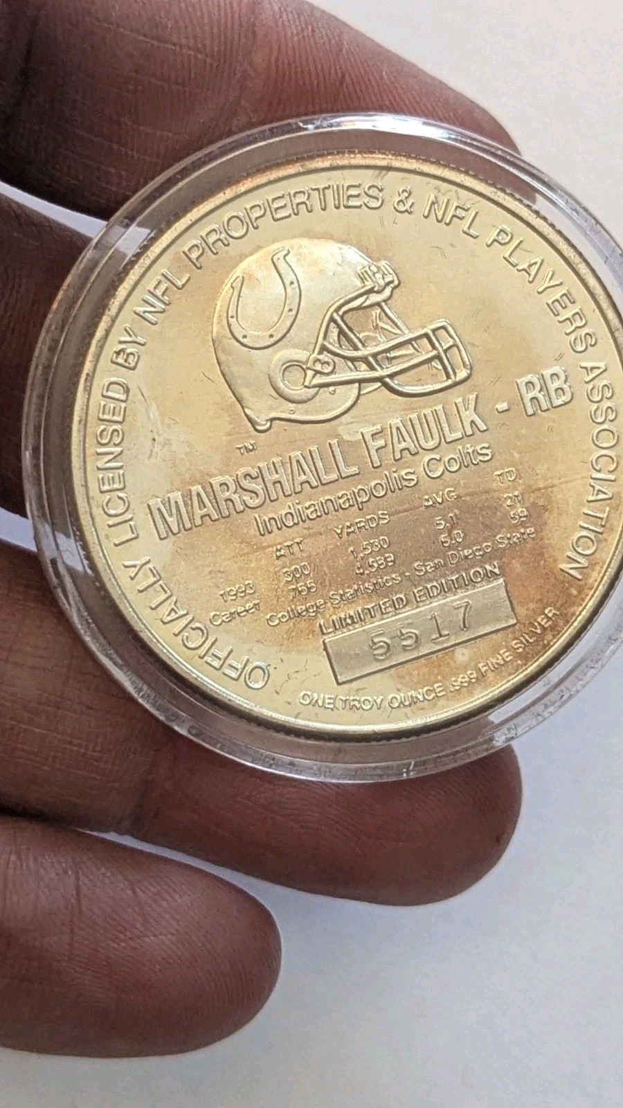 NFL Indy Colts Marshall Faulk RB Football 999 Silver 1 Oz Ounce Art Round Toner