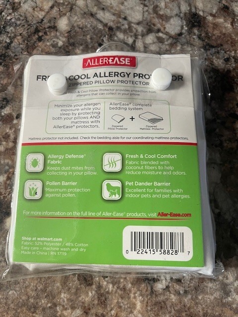 Allerease Fresh & Cool Allergy Defense Zippered Protector Standard Queen NEW