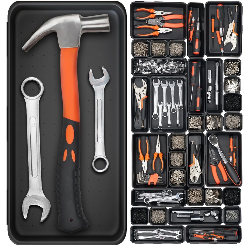46 Pack 5-Sizes Large 12'' Tool Box Organizer Tray, 5 - Sizes, 46PCS - Black