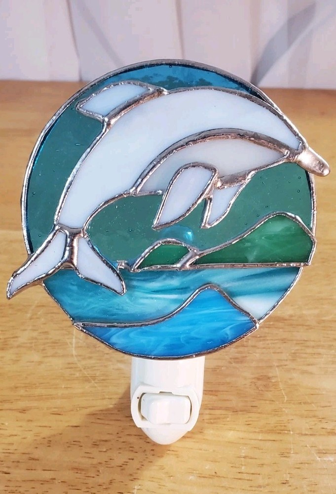 Dolphin Jumping Stained Glass Plug In Wall Mounted Night Light