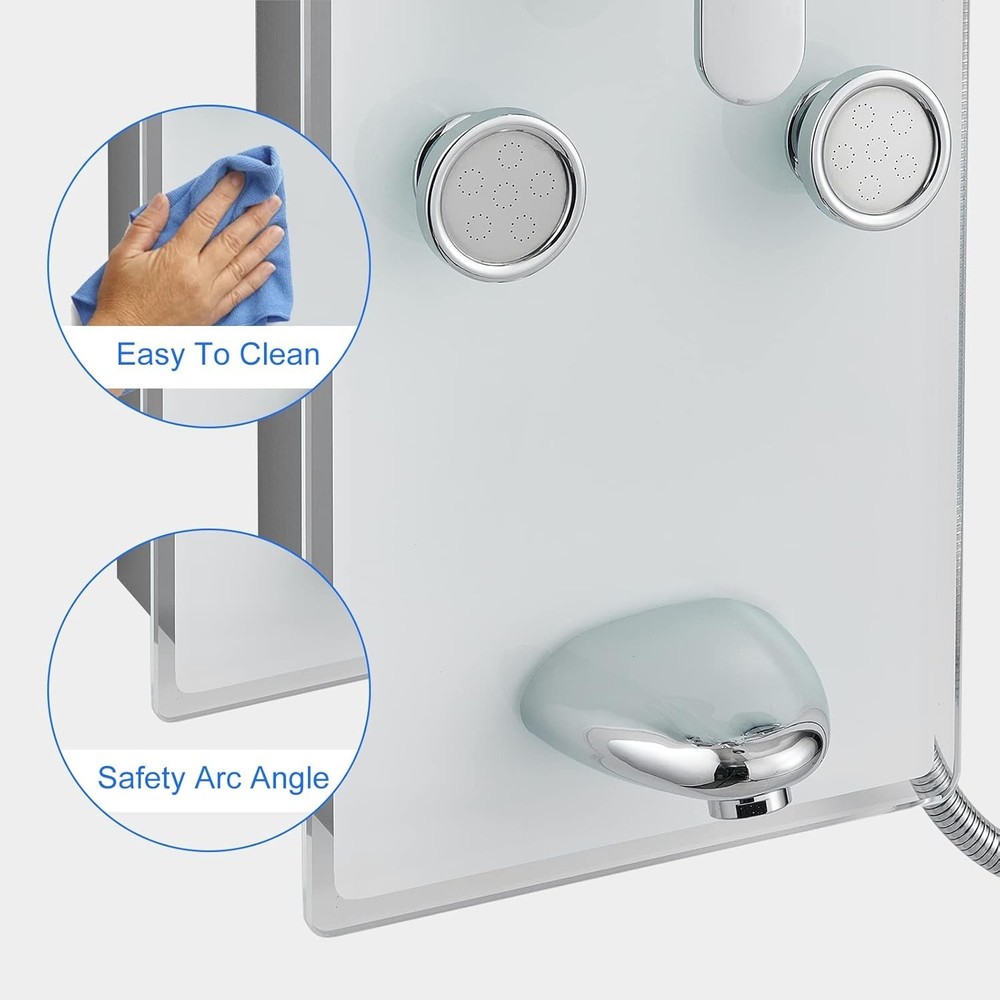 Luxury Tempered Glass Shower Panel Tower with 6 Adjustable Jets & Rainfall Head
