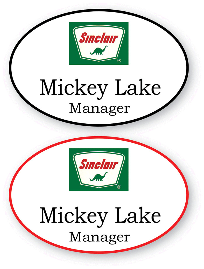 2 WHITE OVAL SINCLAIR DINO PERSONALIZED NAME BADGES MAGNETIC BACK
