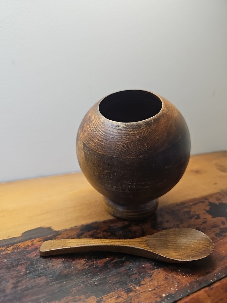 Kitchen - Teak Salt Cellar With Spoon - Circa 1970s/ 80s