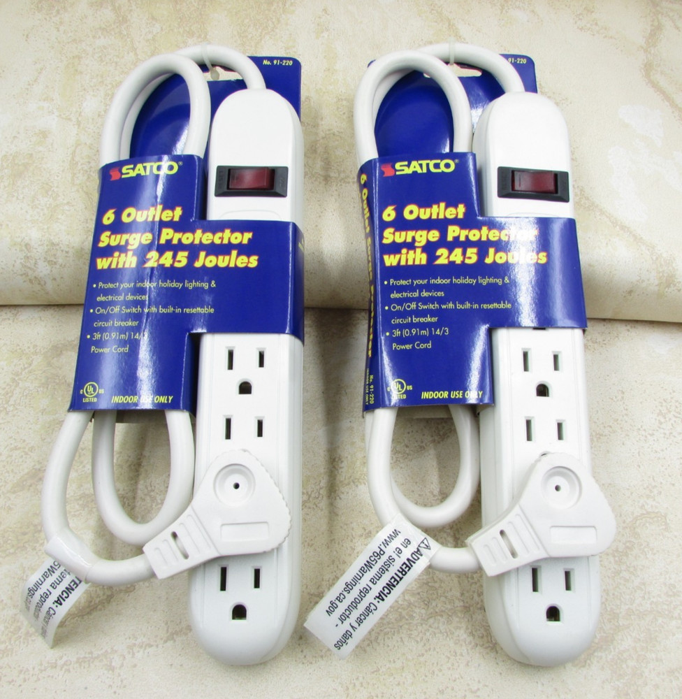 2 PACK 6 Outlet Surge Protector Electrical Strip Switch, Flat Wall Plug, 3' Long