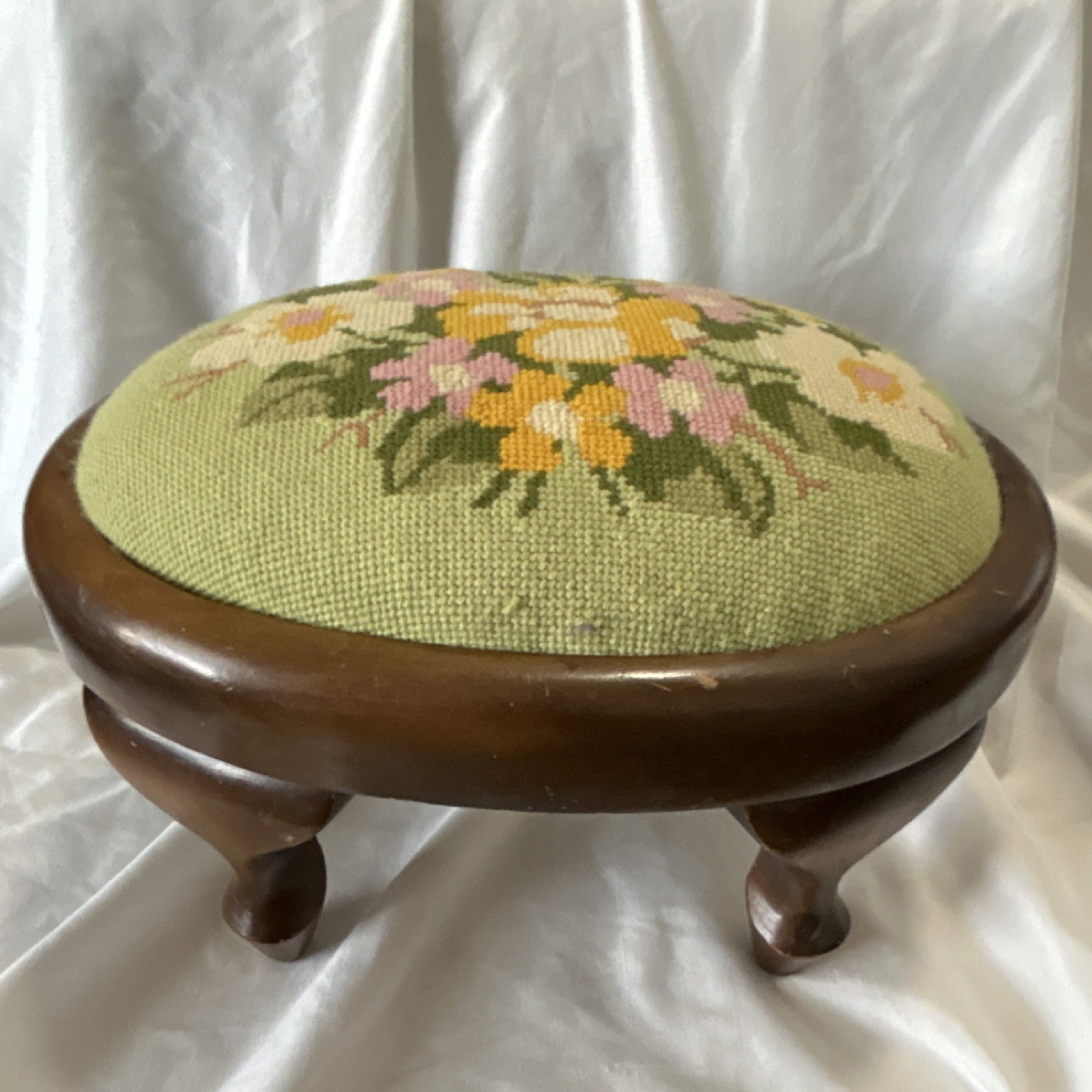 Antique Oval Wooden Footstool Floral Needlepoint Removable Top
