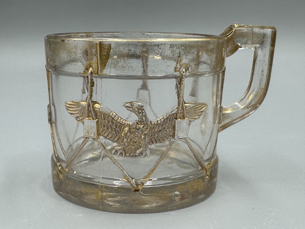 1909 Pair Mug EAGLE DRUM Cup Glass CANDY CONTAINER Antique E&A 543