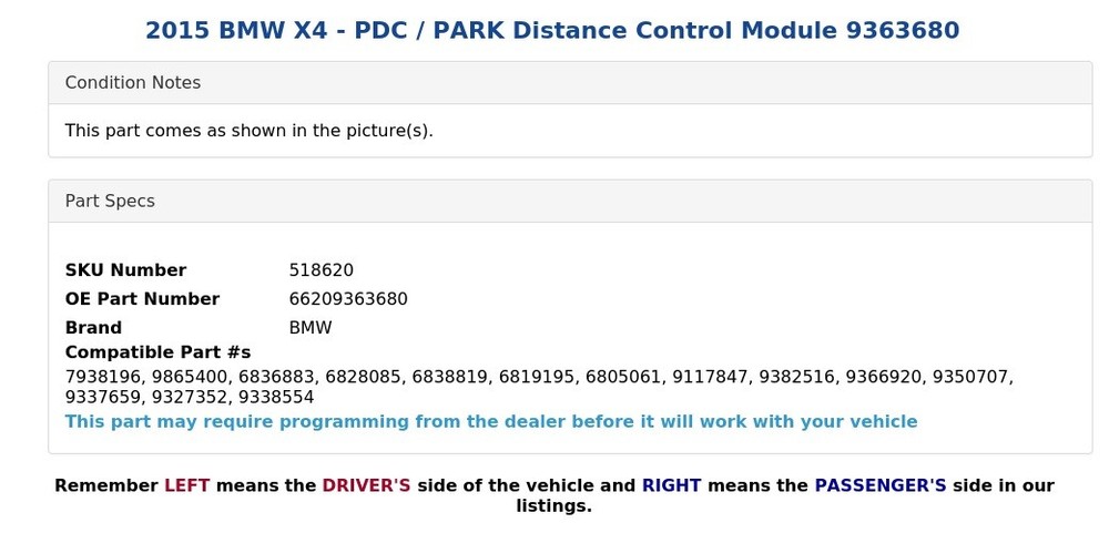 2015 BMW X4 - PDC / PARK Distance Control Module 9363680