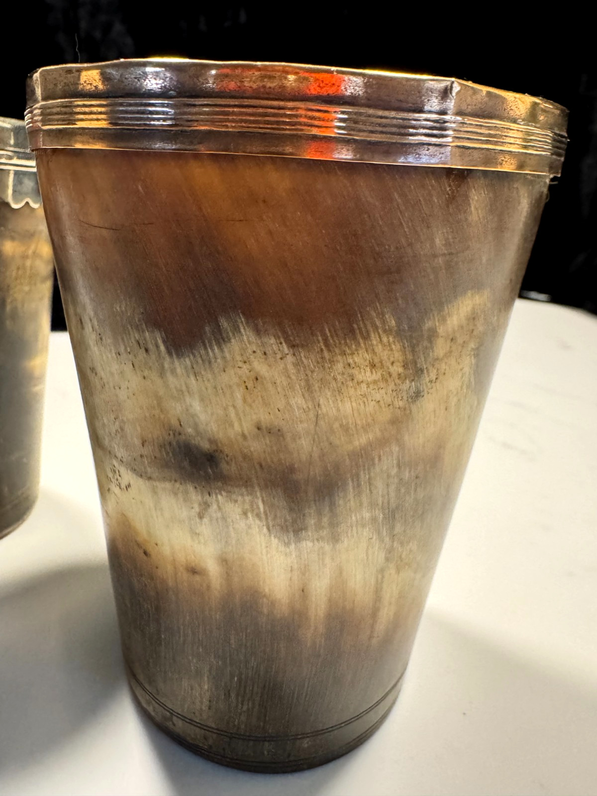 2 GEORGIAN COPPER/GOLD & SILVER RIMMED CUPS BANDED BASES GREAT CONDITION