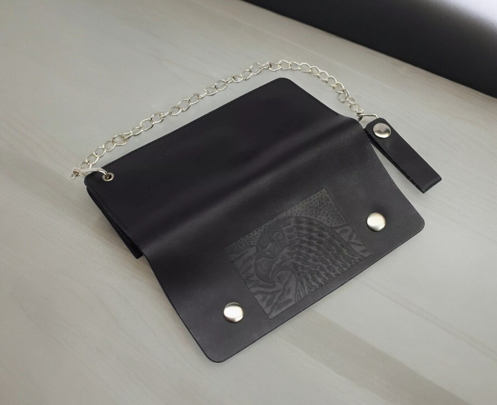 Leatherboss Leather Men Extra Large Eagle Wallet with Chain Biker Trucker Black