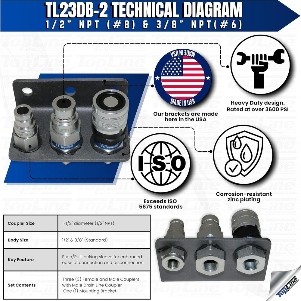 1/2 Flat Face Hydraulic Quick Connect Coupler Set +Drain line + Bracket TL23DB-2