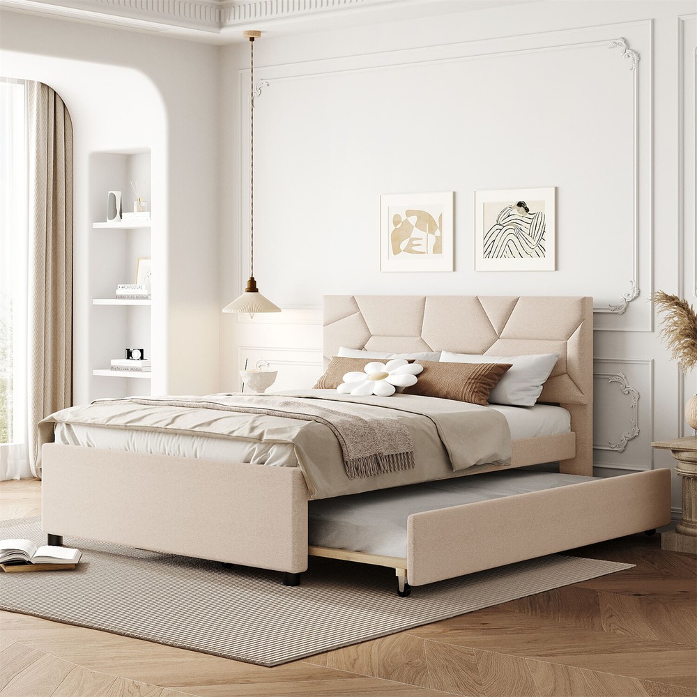 Full/Queen Size Bed Frame Upholstered Platform Bed w/ Headboard Beige/Gray