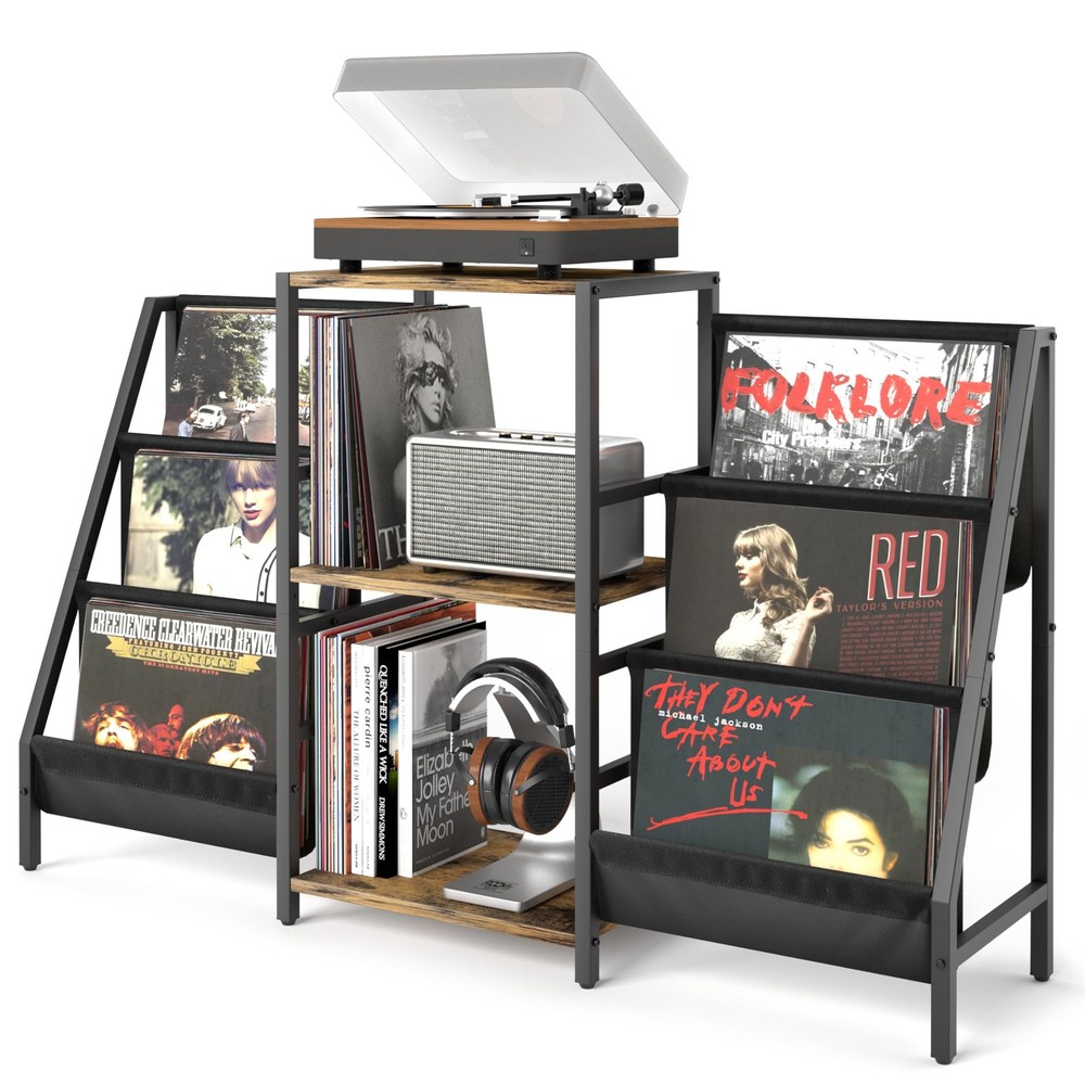 Record Player Stand with Vinyl Storage, Two-side storage-Black&Brown