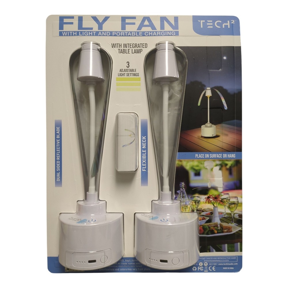 Tech Squared Fly Fan,Table Lamp, & Portable Charger, 2 Pack, White
