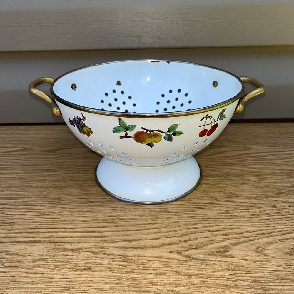 Vintage White Colander Strainer Handles Fruit Cherries Design