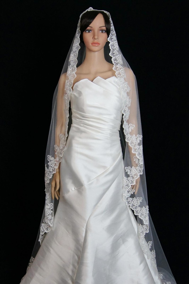 Bridal Wedding Mantilla Veil  Ivory 1 Tier Long Cathedral Length With Lace Edge