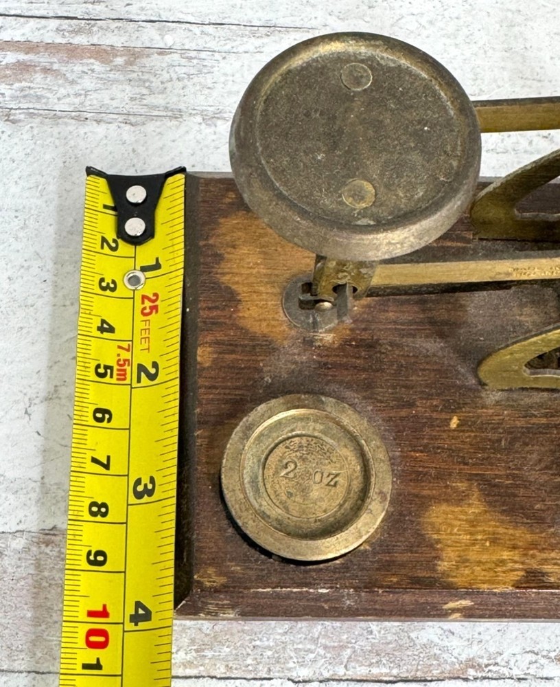 Antique Brass & Wood Postal Scale w Weights