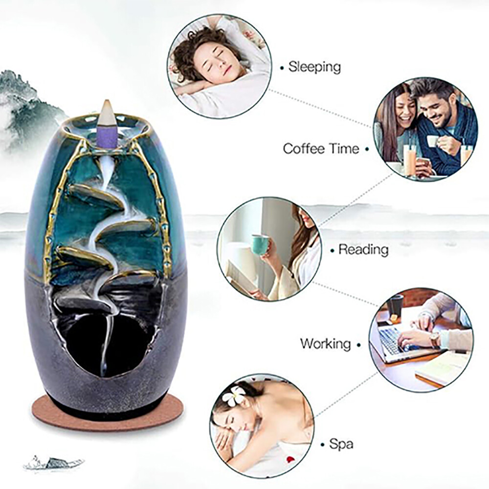 Ceramic Backflow Incense Burner Holder Glaze Waterfall & Incense Cones Gift