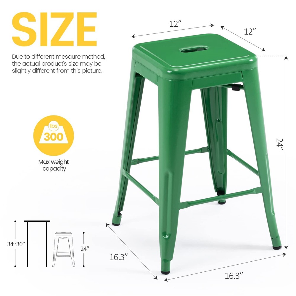 4Pcs Stackable Metal Bar Stools 24 Inch Height Barstools with Square Seat,Green