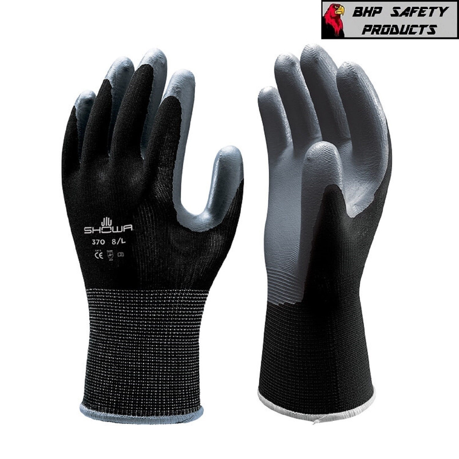 SHOWA ATLAS FIT 370 BLACK NITRILE GARDENING WORK GLOVES (SM, M, L, XL)