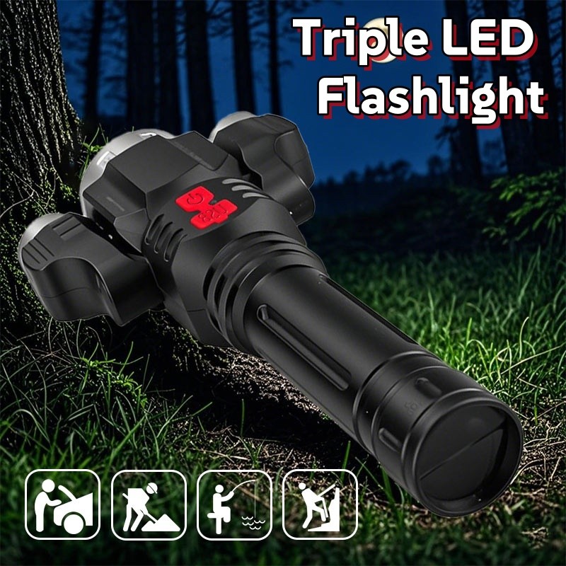 Super Bright 3 Head LED Flashlight Rechargeable Tactical Flashlights Work Light