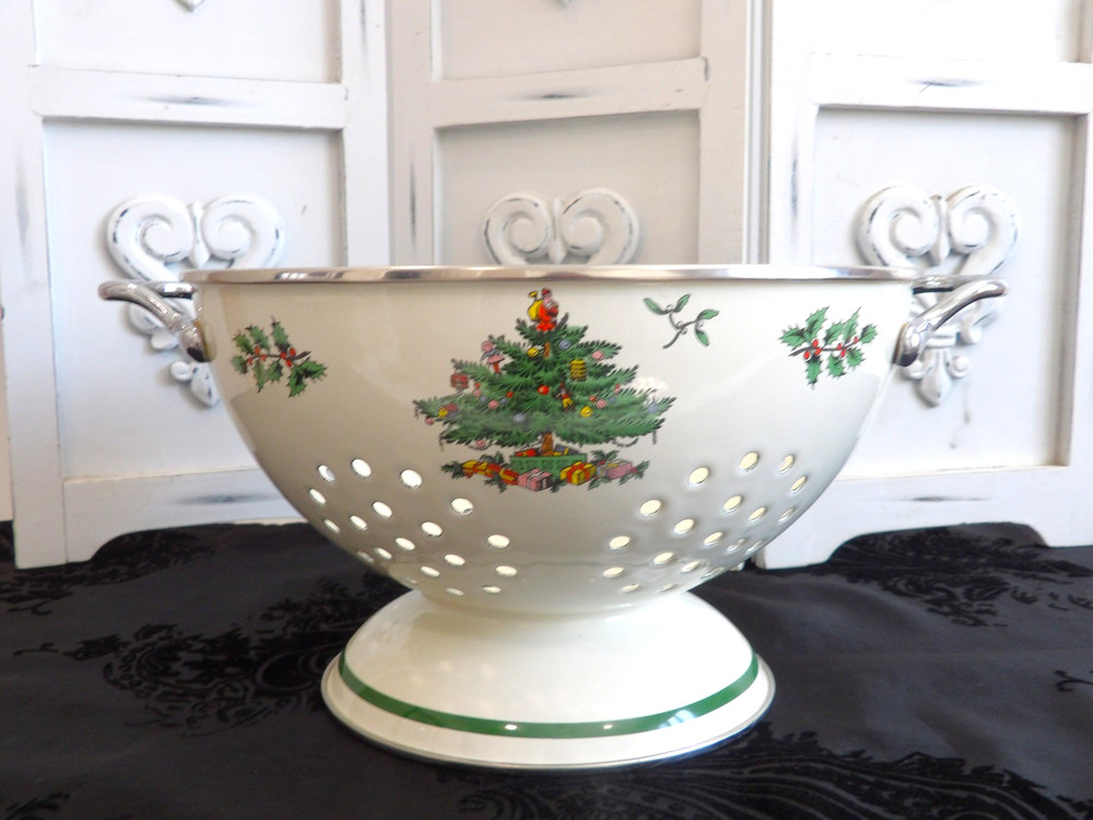 Spode England Christmas Tree Enamelware Metal Colander Strainer