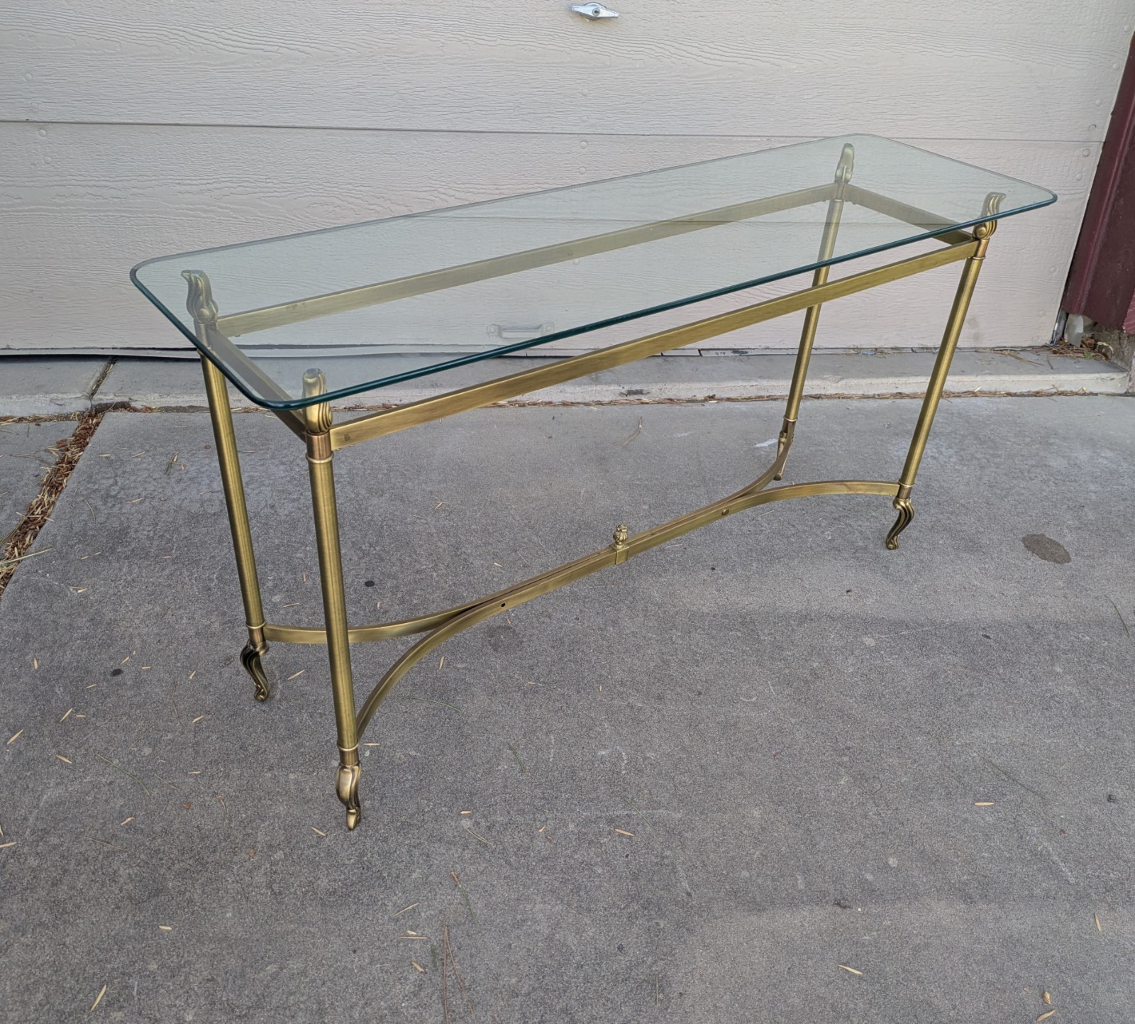 Vintage La Barge Style Glass Brass Console Table Flame Tip Hollywood Regency
