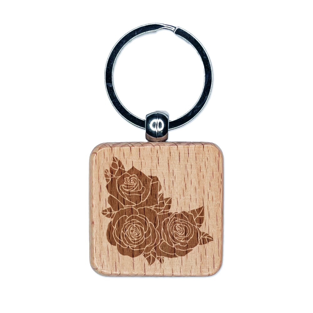 Roses Corner Frame Border Engraved Wood Square Keychain Tag Charm