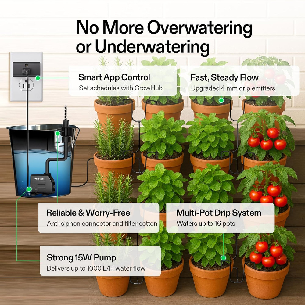Automatic Drip Irrigation Kit, Smart Watering System with 16 Drip Emitters, 4mm