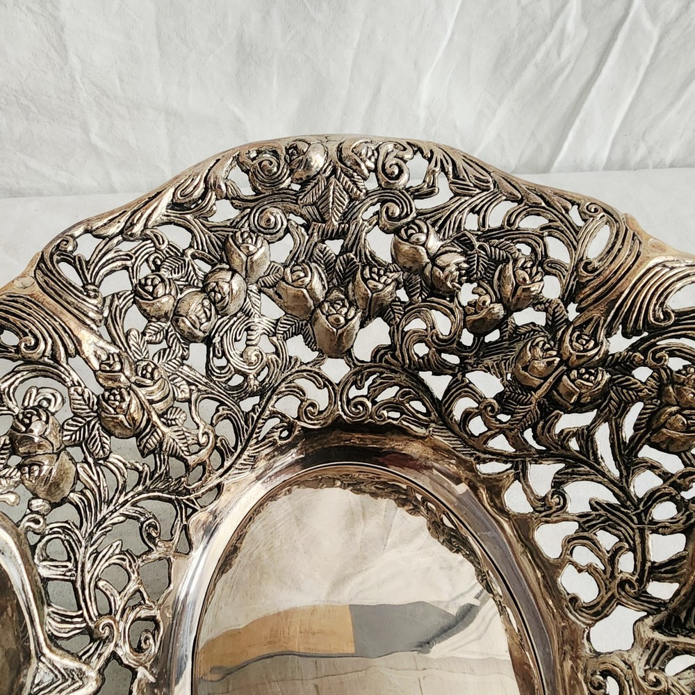 Silverplate Metal Centerpiece Bowl Intricate Pierced Openwork Design Roses