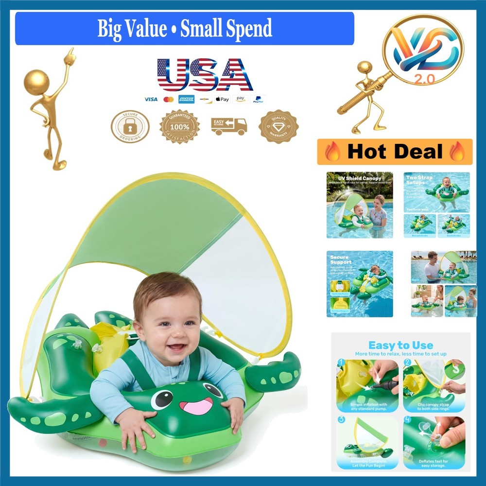 Baby Float Ring with Removable Sun Canopy Infant Swim Float Pool Accessory
