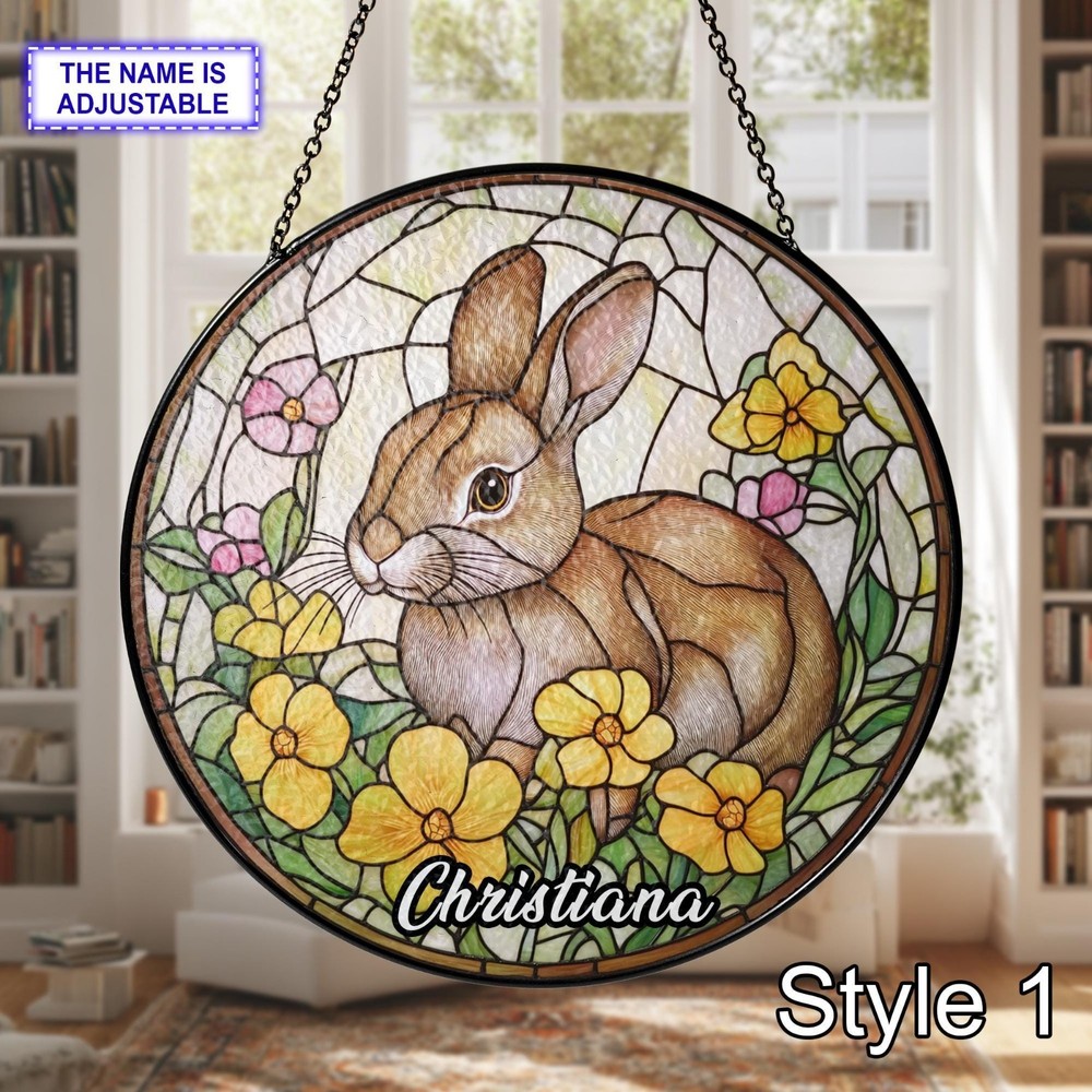 Custom Name Rabbit Stained Glass Suncatcher – Personalized Bunny Window Decor