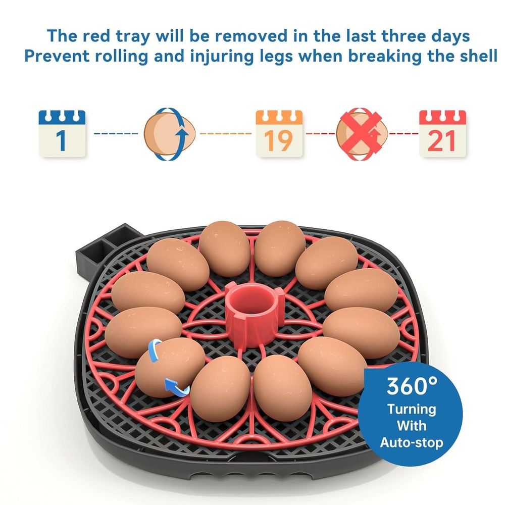 12-24 Egg Incubator with Humidity Display, Egg Candler, Automatic Egg Red