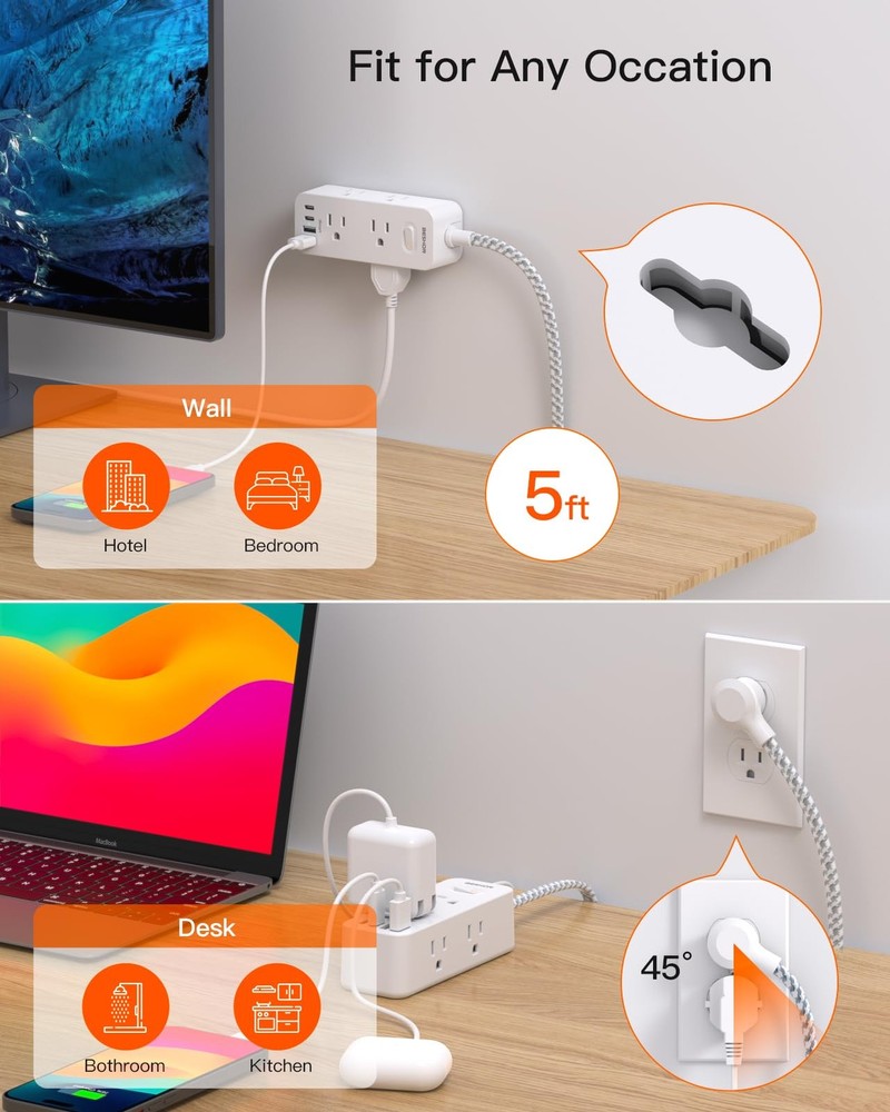 Power Strip Surge Protector, BESHON 5Ft Extension 5FT-Right Angle Plug, White