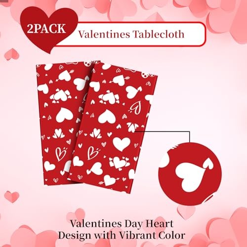 2 Pack Valentines Tablecloth - Heart Valentines Table Cloth, Plastic Red