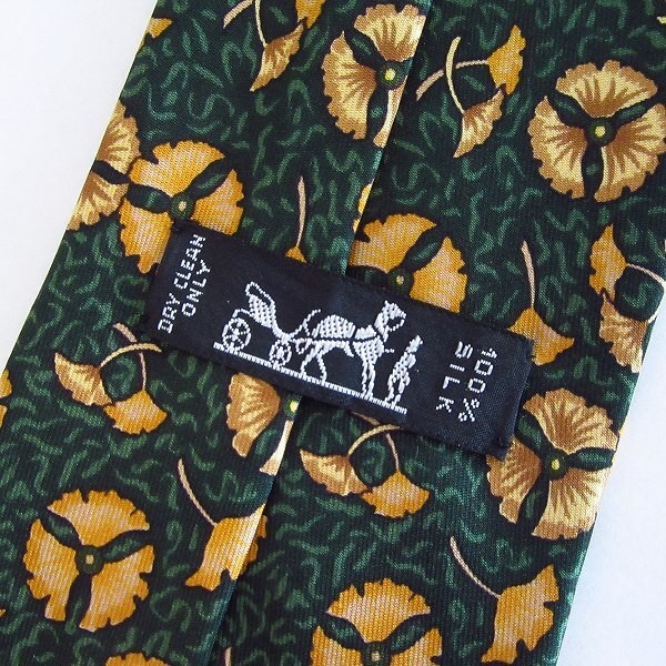 HERMES Tie Green Yellow Allover Pattern Silk