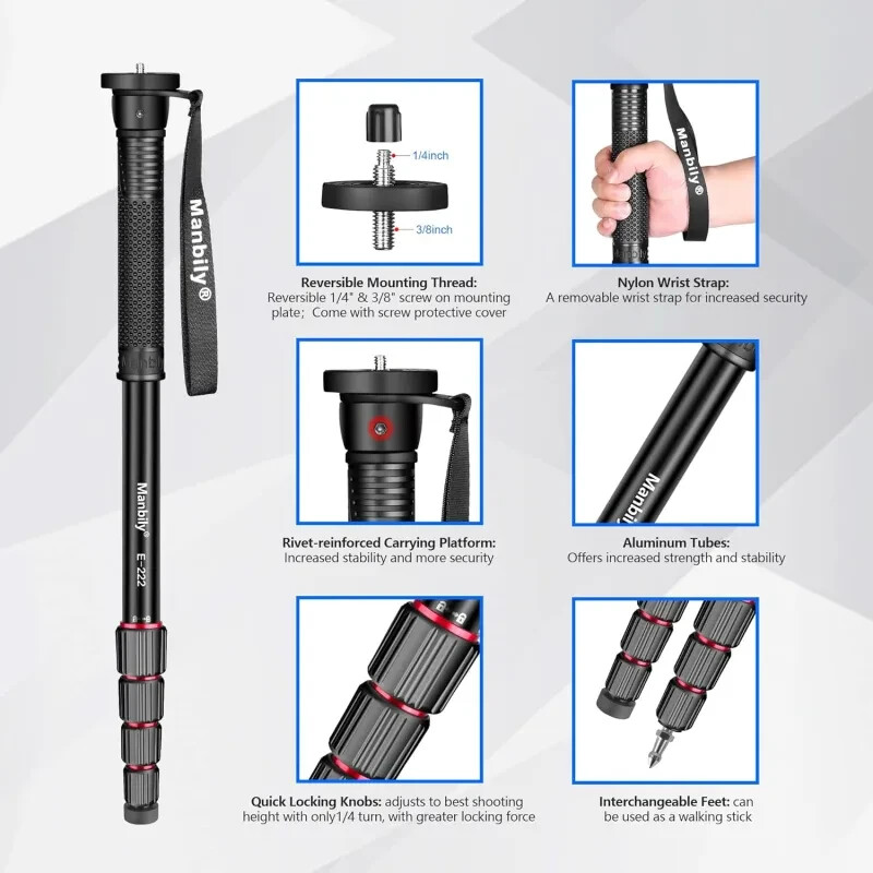 Manbily Camera Monopod, E-222 (Red&Black）Camera Monopod