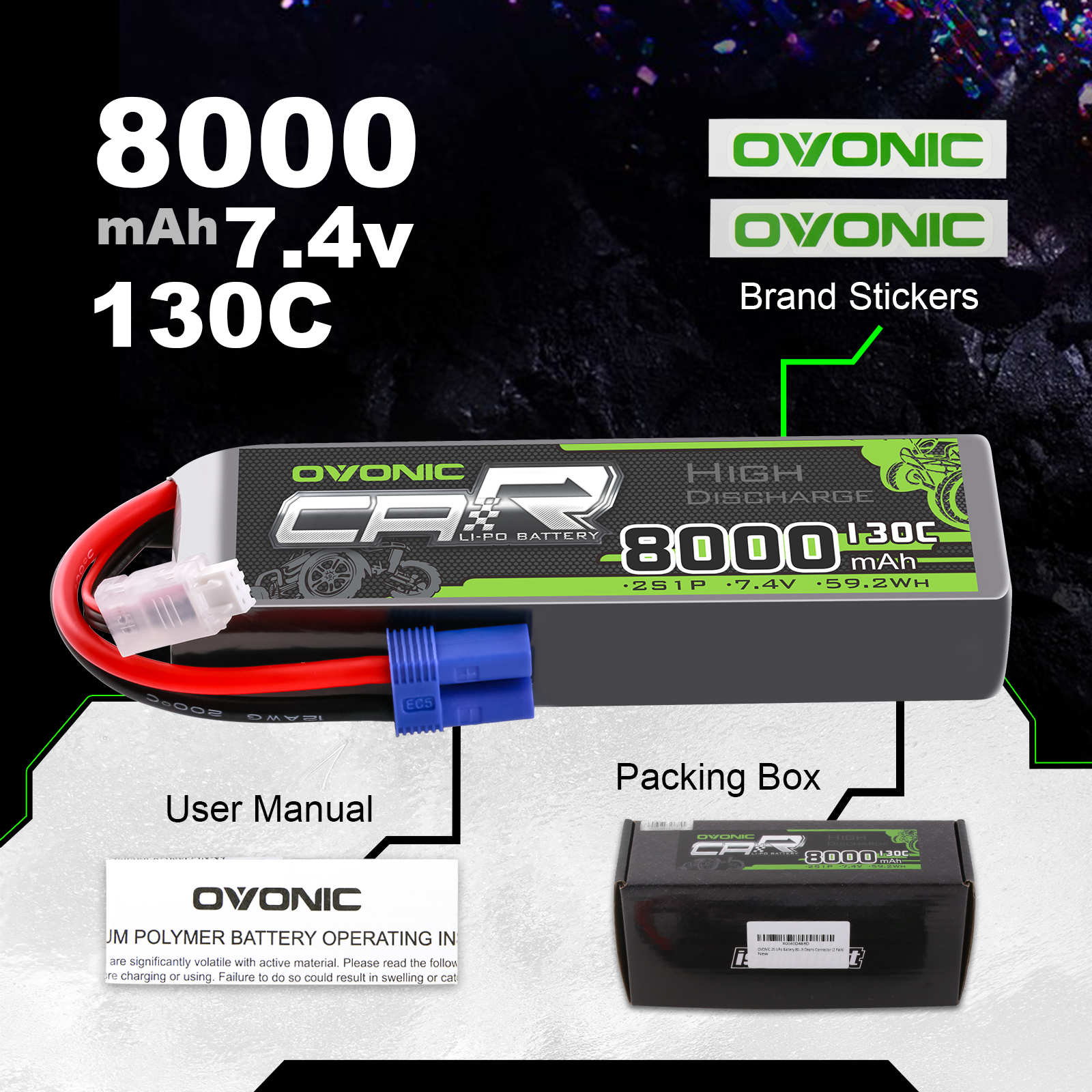 2X Ovonic 7.4V 130C 8000mAh 2S LiPo Battery with EC5 for RC Vehicle ARRMA Losi