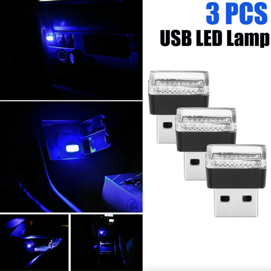 Mini Blue LED USB Car Interior Light Neon Atmosphere Lamp Multi-Purpose 3-Pcs