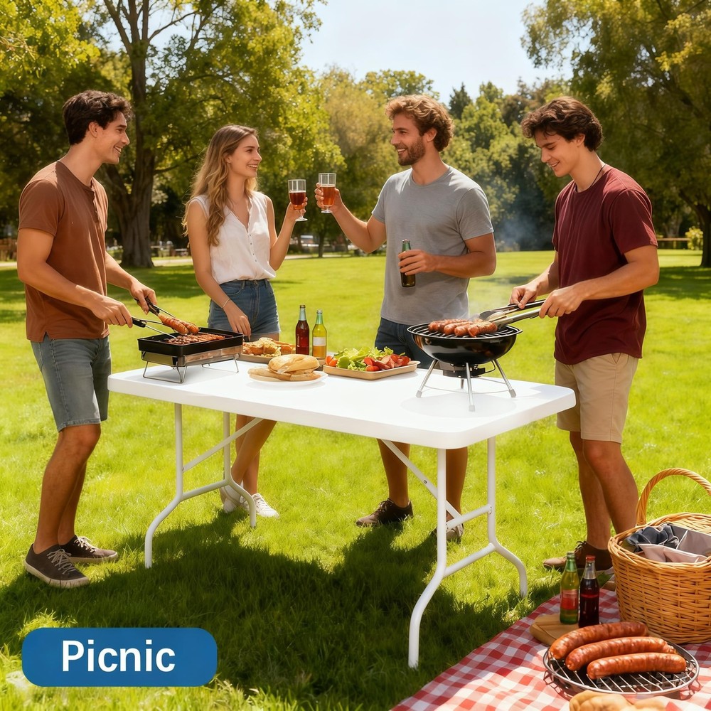 6FT Picnic White Spandex Table Cloth - 6 Pack Fitted Rectangle Tablecloth for...