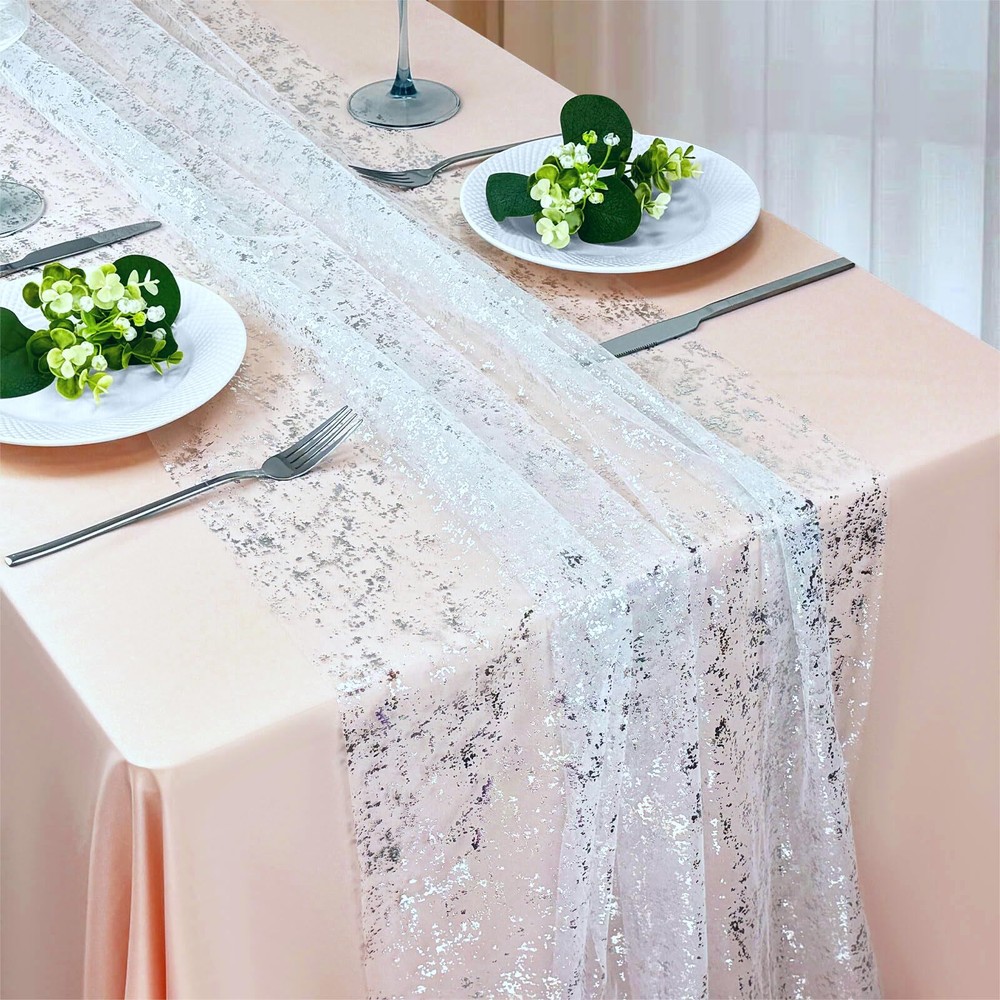 Silver Table Runner 10Ft Gauze Sheer Cheesecloth Runner for Table Sequin Glit...