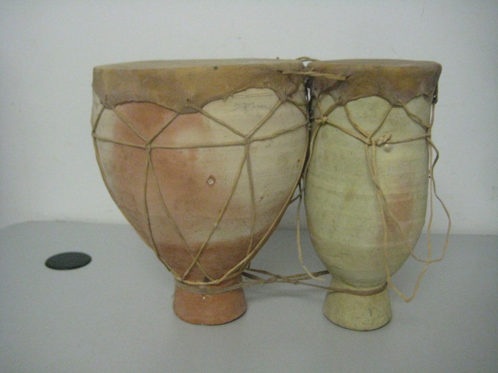 Vintage Terracotta Clay & Hide Double Bongo Drum Rustic Primitive Folk Art